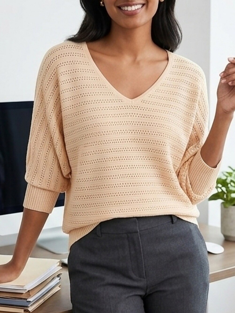 Vila Milano Dolman Sleeves V-Neck Openwork Knit Sweater - Cream Viscose Blend XL